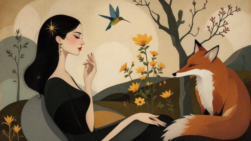 Hummingbird, Woman, and Fox in Elegant Portrait Style