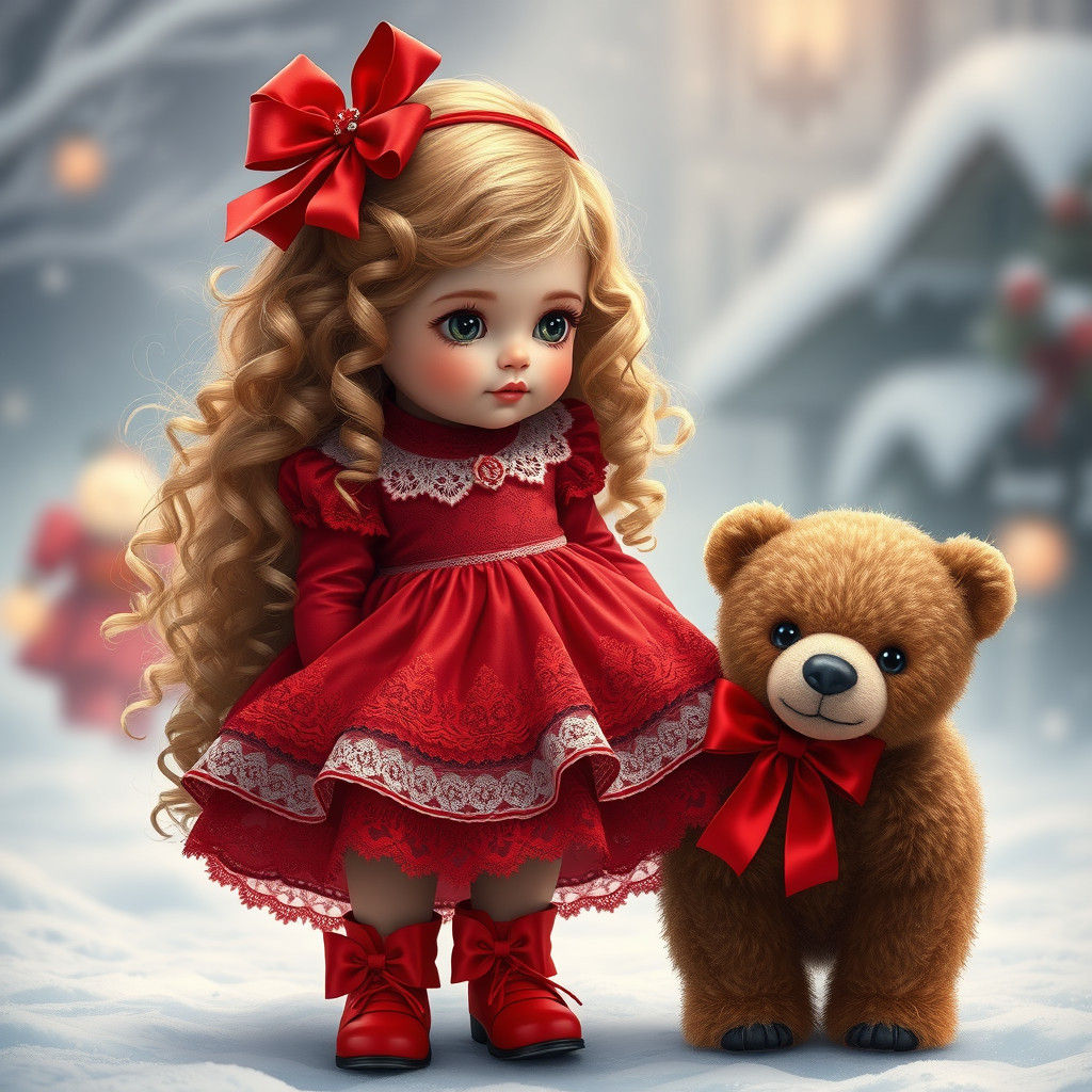 Girl and Bear in Winter Wonderland
