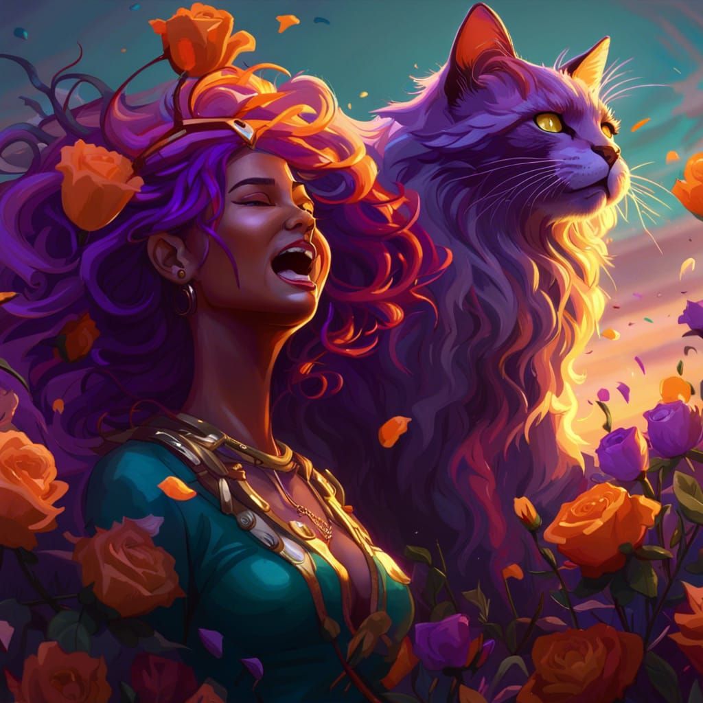Woman with Cat in Rose Field, Hyperdetailed Digital Art