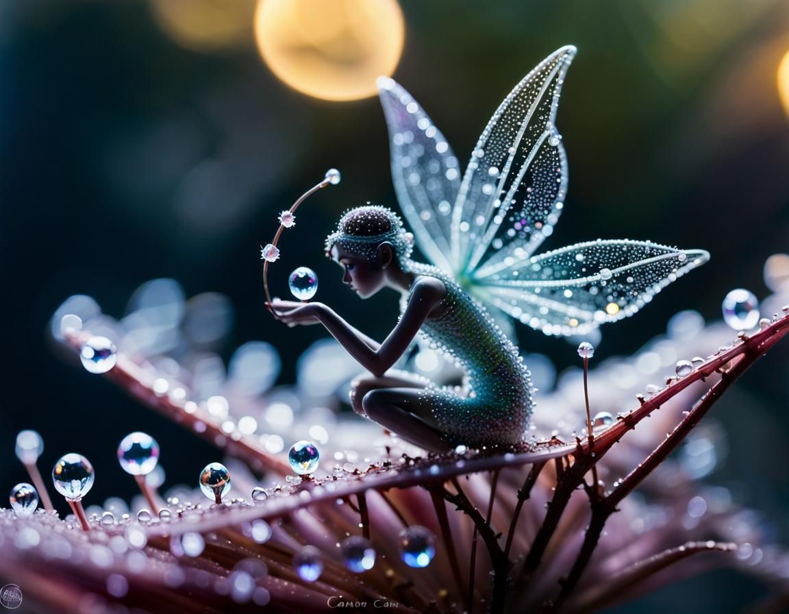 Iridescent Dewdrop Fairy on Bioluminescent Flower