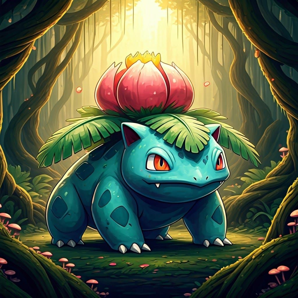 Ivysaur in Lush Forest: A Pokémon Scene