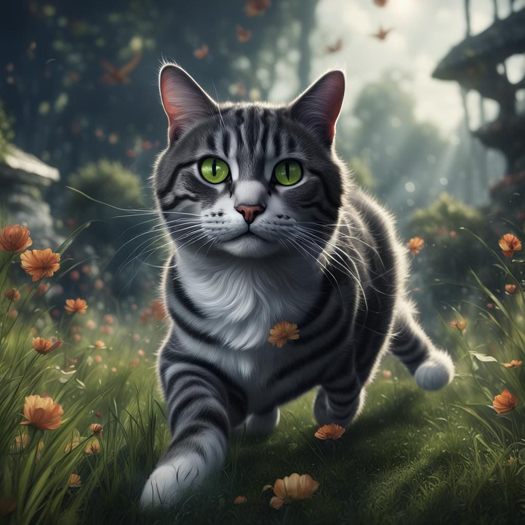 Grey Tabby Cat Rolling on Grass: Detailed Matte Painting