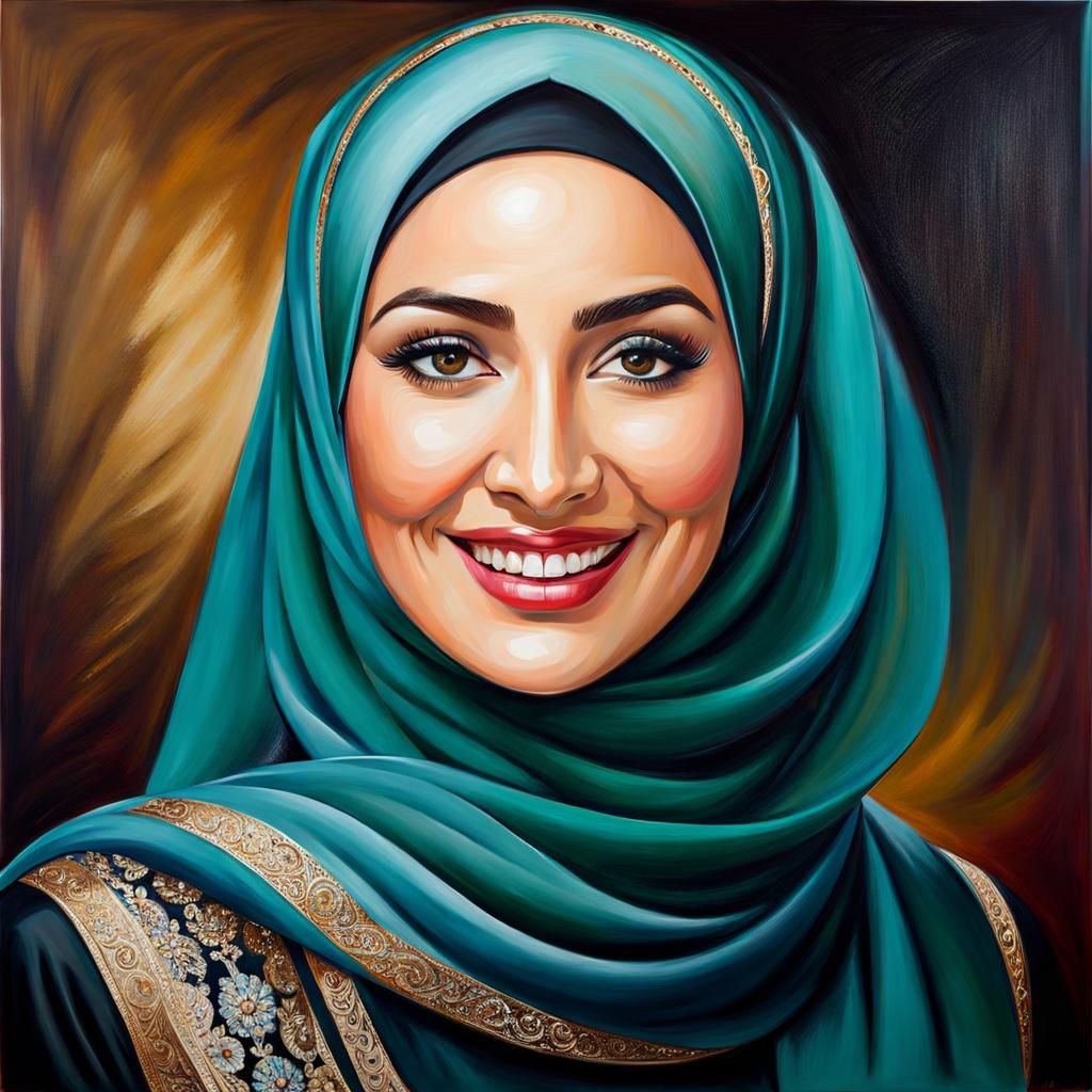Elegant Hijabi Woman Smiling in Detailed Oil Painting