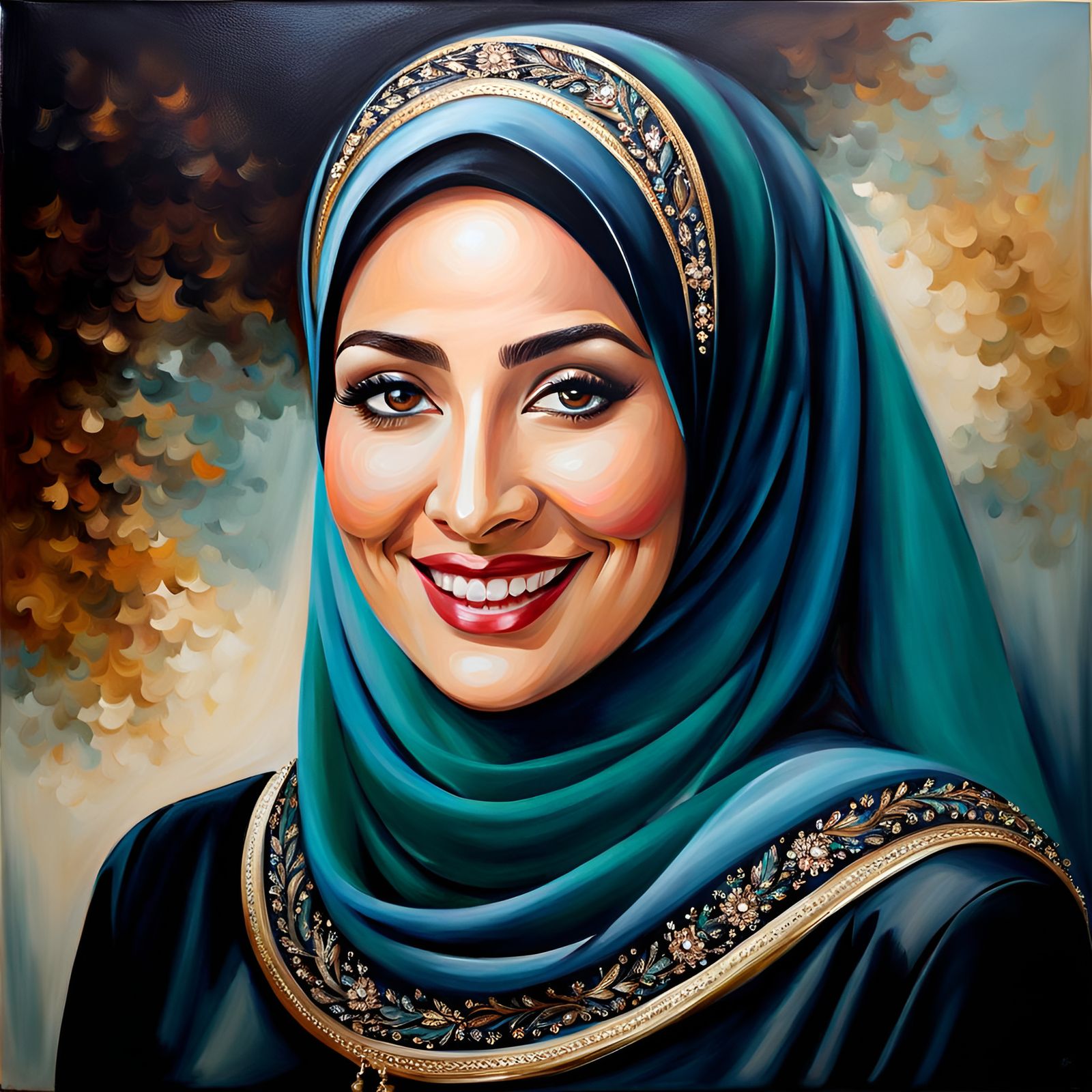Beautiful Hijabi Woman Smiling in Detailed Oil Painting