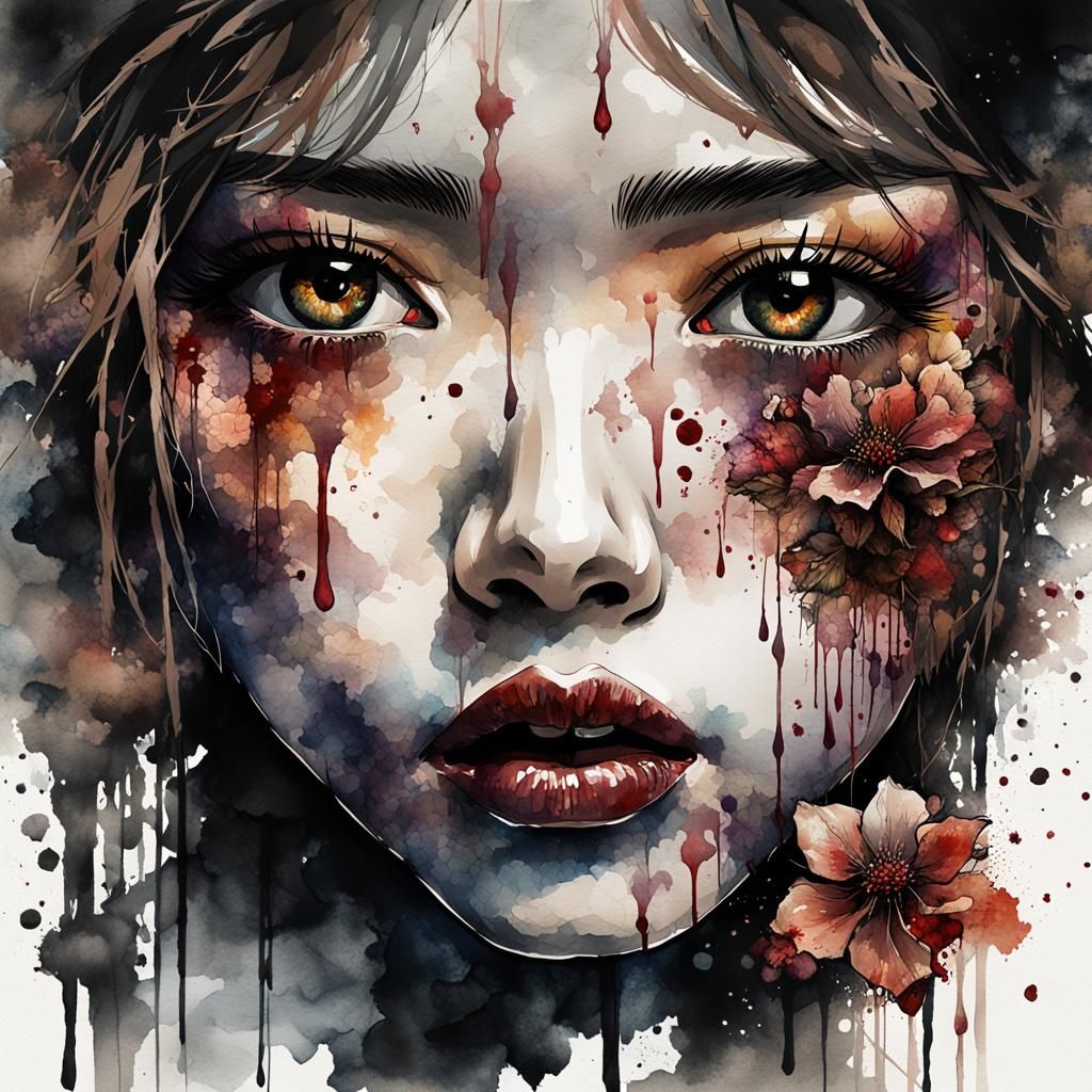 Japanese Girl with Floral Tears: Watercolor Illustration