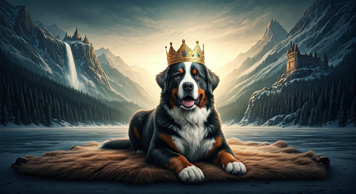 Bernese Mountain Dog King in Winter Castle Landscape