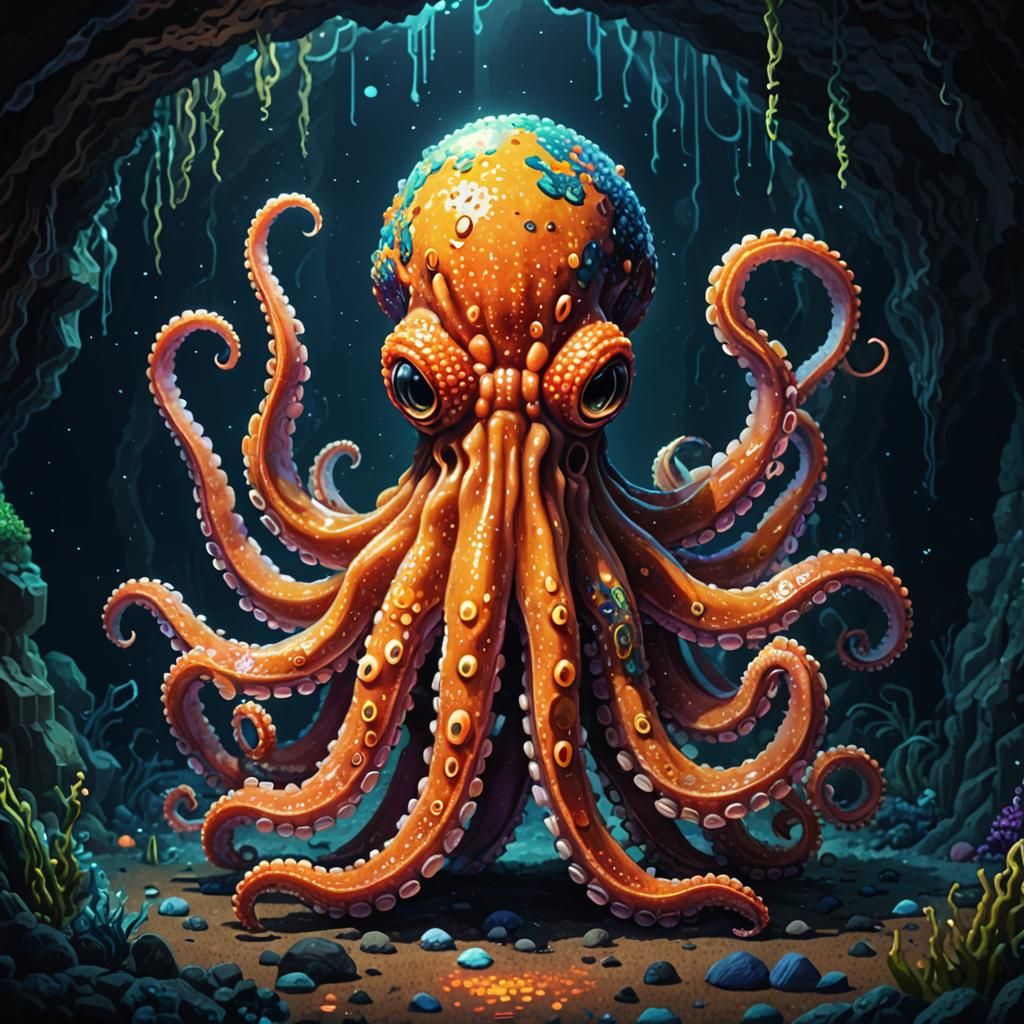 Pixelated Octopus Cave in Retro Pixel Art