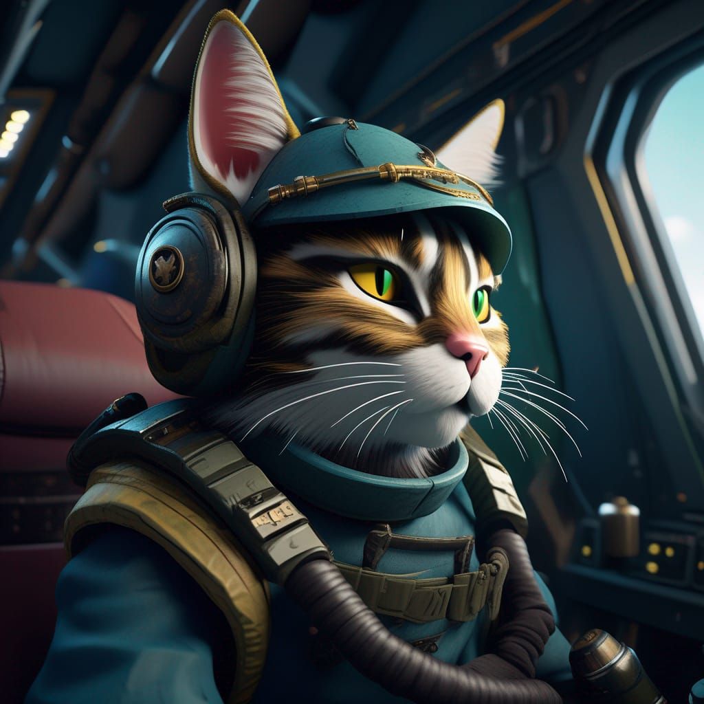Fantasy Cat Turret Gunner on Military Airplane