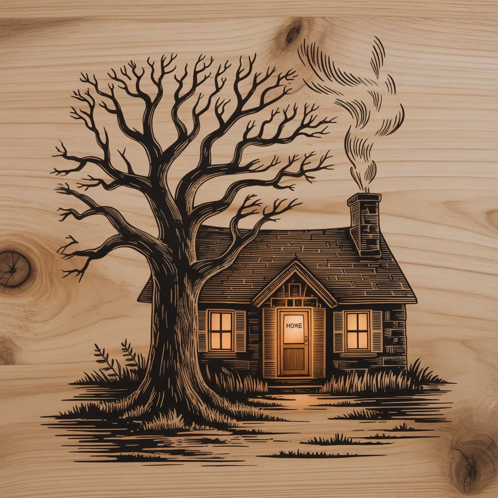 Woodburn Art: Oak Tree and Cozy Stone Cottage