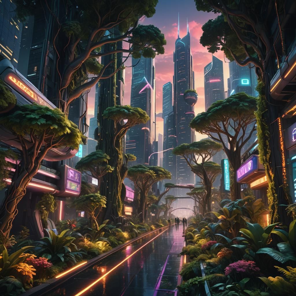Futuristic Cityscape with Bioluminescent Flora, Digital Pain...
