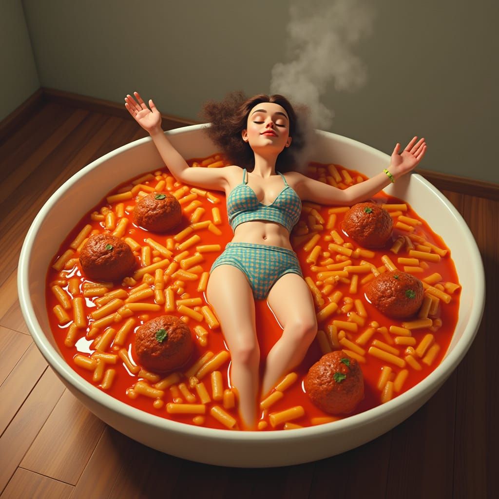 Swimmer in Giant Pasta Bowl: Digital Art