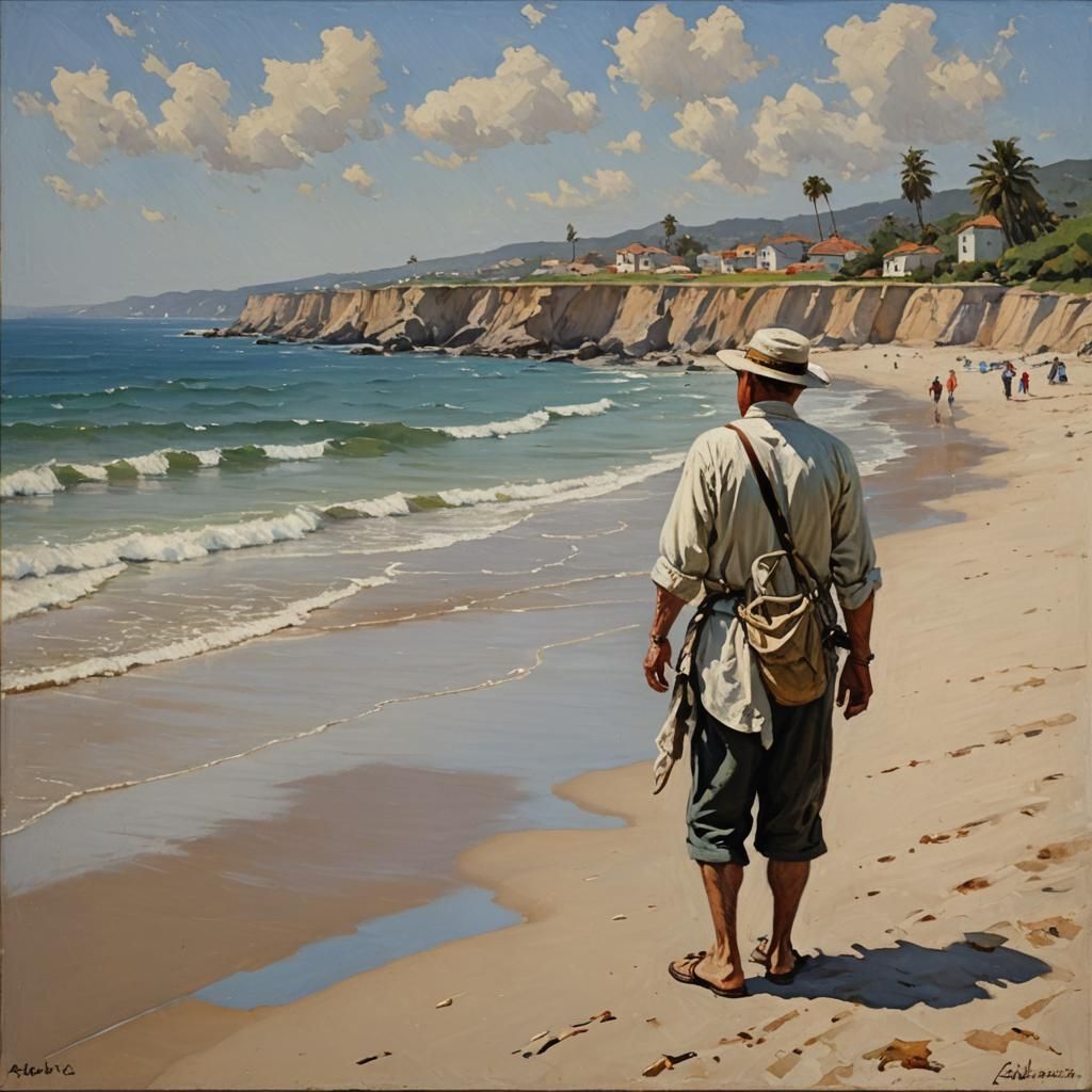 Coastal Beach Scene in Oil Painting Style