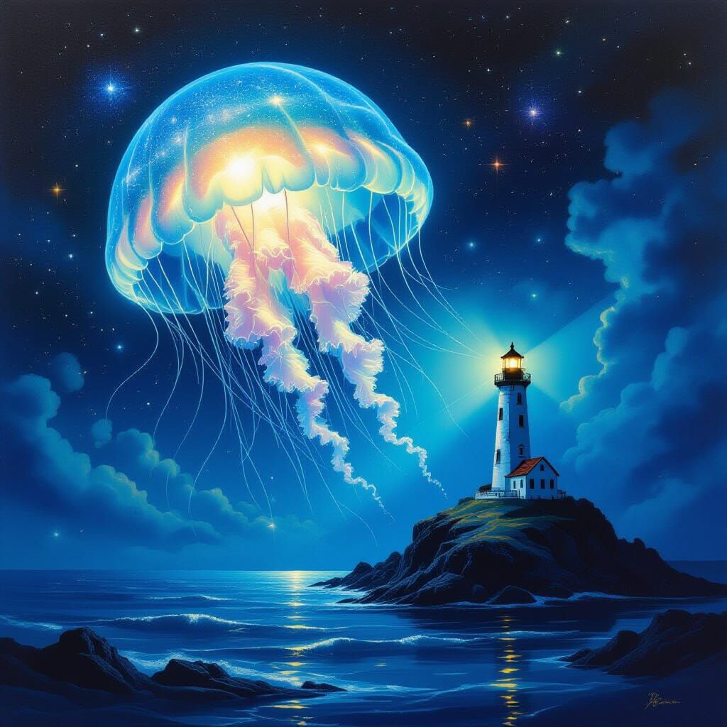 Cosmic Jellyfish and Lighthouse in Surrealist Oil Painting S...