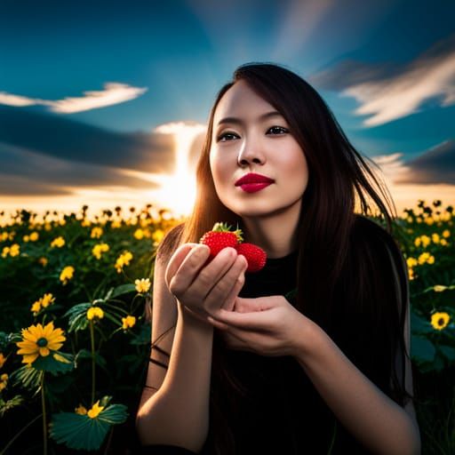Woman with Strawberry in Sunset Field: Photography
