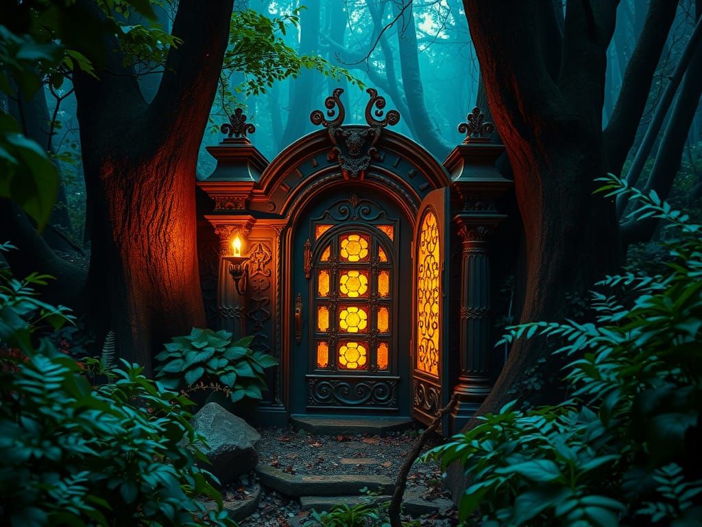 Magical Door in Enchanted Forest, Hyperrealistic Style