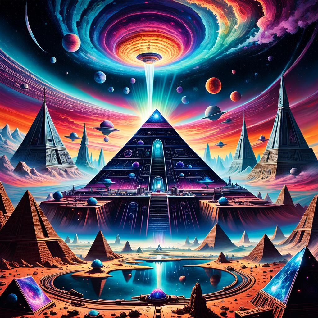 Psychedelic Cityscape in Space: Cosmic Digital Art
