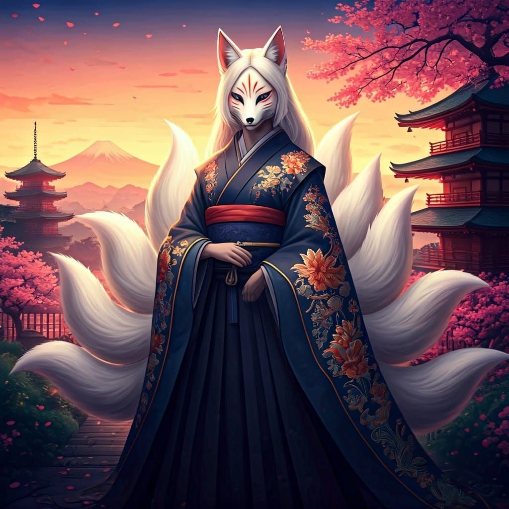 Surreal Kitsune Goddess in Traditional Japanese Attire