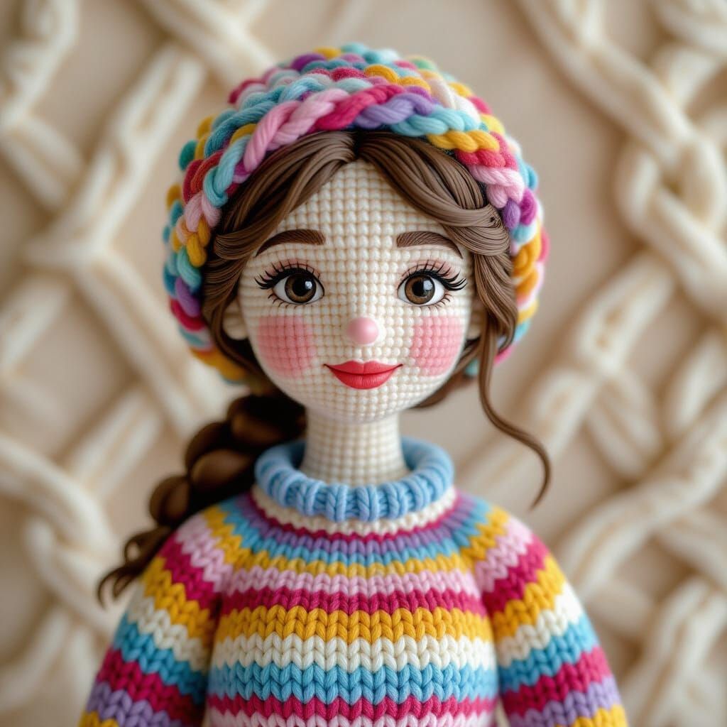 3D Knitted Portrait Full of Colorful Yarn Texture
