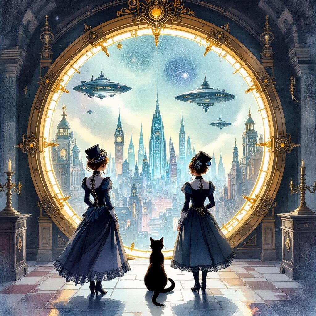 A mesmerizing watercolor scene stepping into infinity, steam...