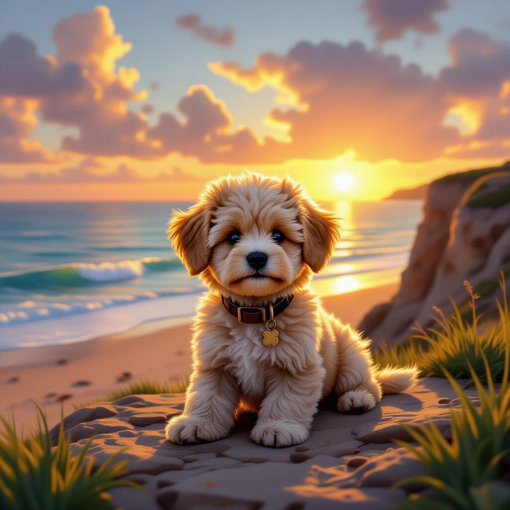 Hyperrealistic Puppy Overlooking Sunset Beach