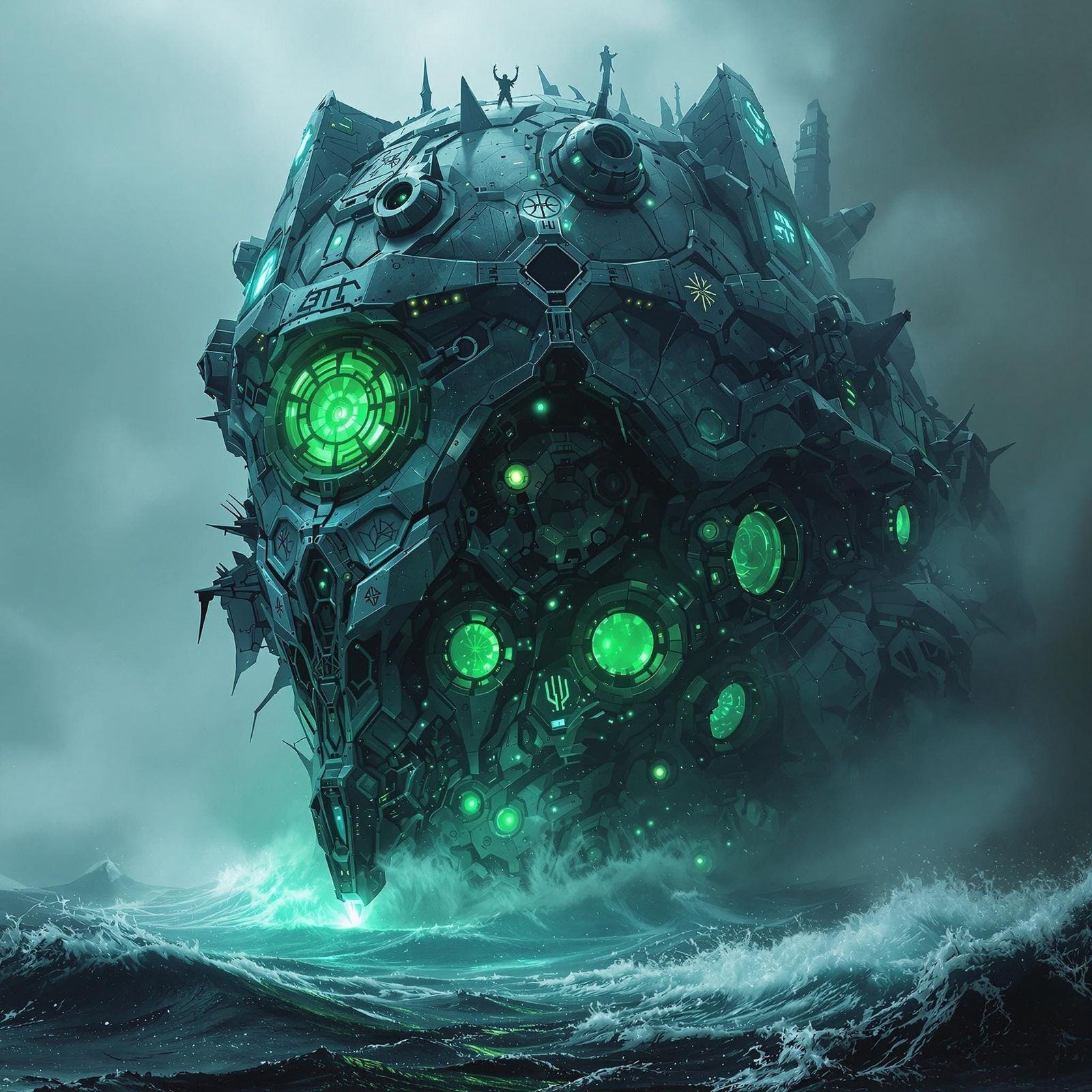 Ancient, Crystalline Vessel Hovers Amidst Turbulent Sea Wave...