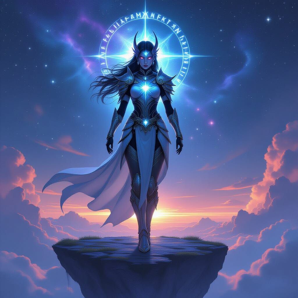 Celestial Goddess-Warrior on Floating Island in Painterly St...