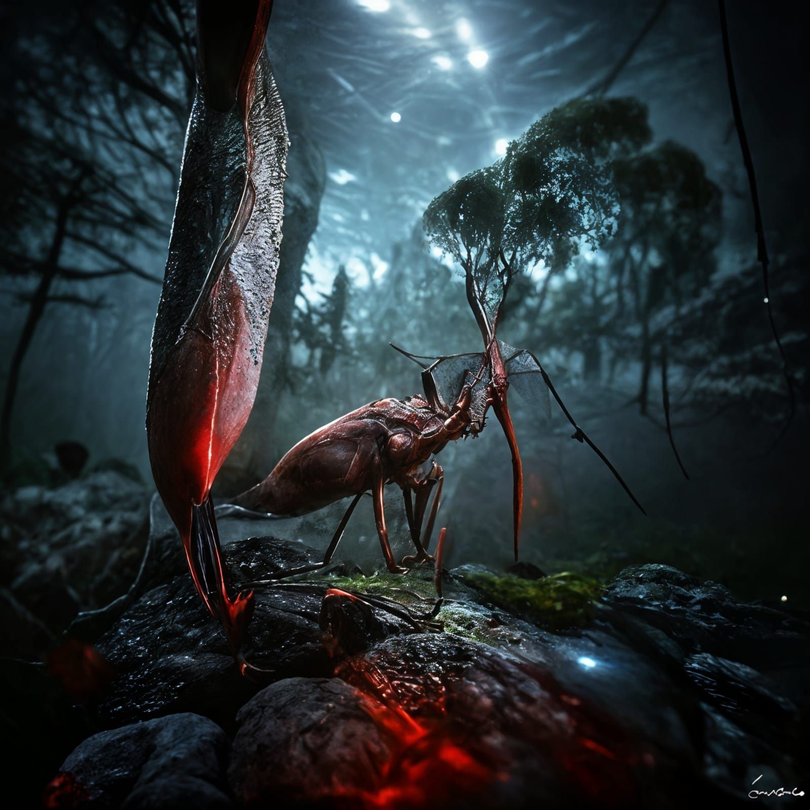 Creepy Giant Weta in Dark Prehistoric Forest