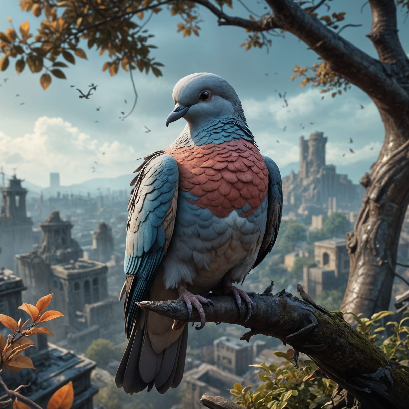 Anthropomorphic Dove in Ruined Urban Landscape