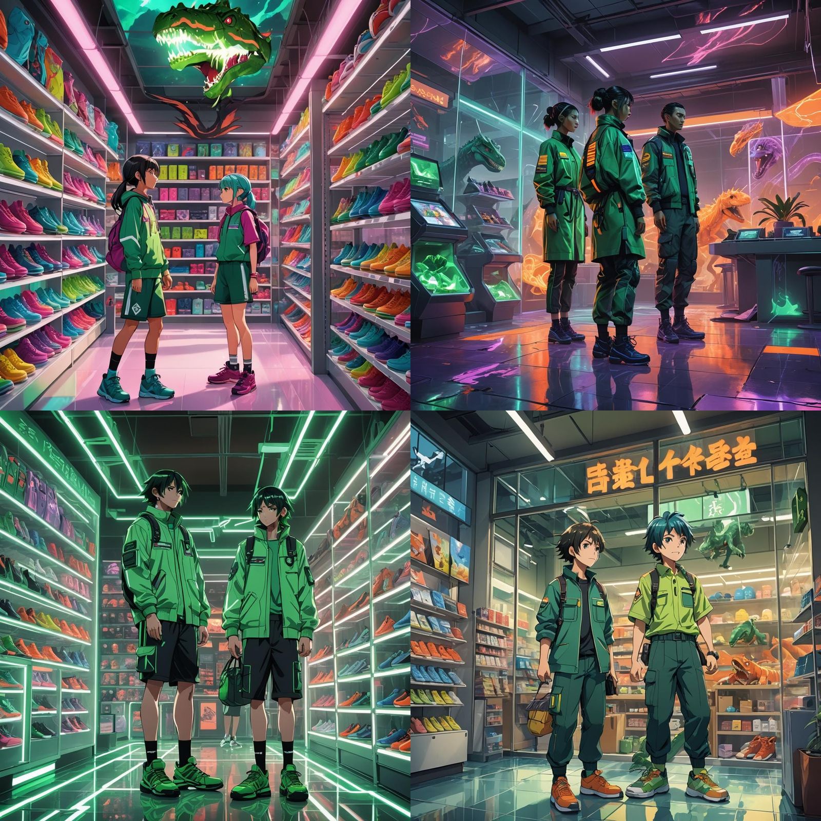 Modern Shoe Store with Erupting Volcano, Anime Style