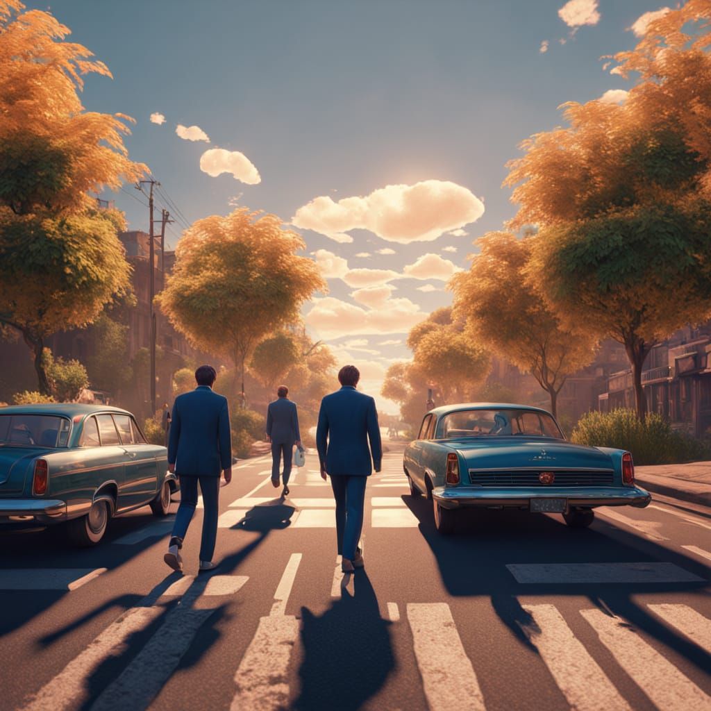 Four Men Stroll Across a Vibrant City Street in Unrealistic ...