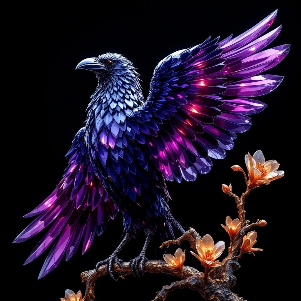 Crystal Raven Sculpture Aglow with Light