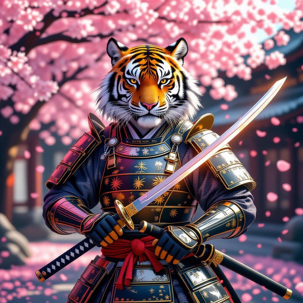 Tiger Samurai in Ceremonial Armor with Glowing Katana