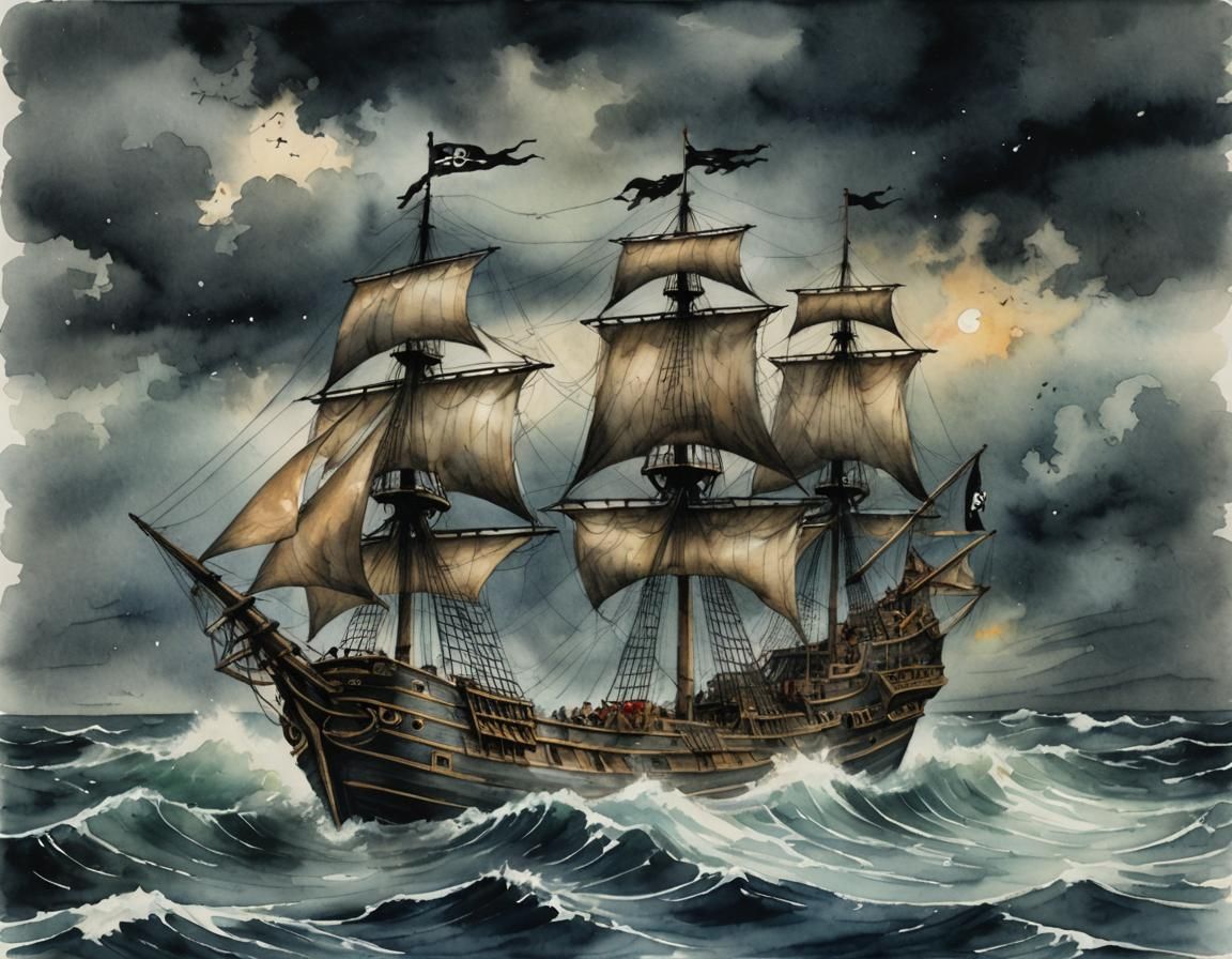 Pirate Ship on Stormy Seas: Moody Watercolor