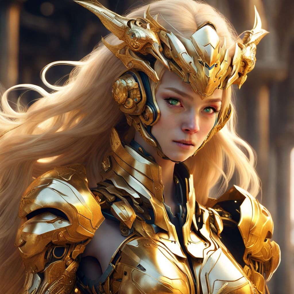Anime Goddess Dragon Woman in Golden Cyborg Armor