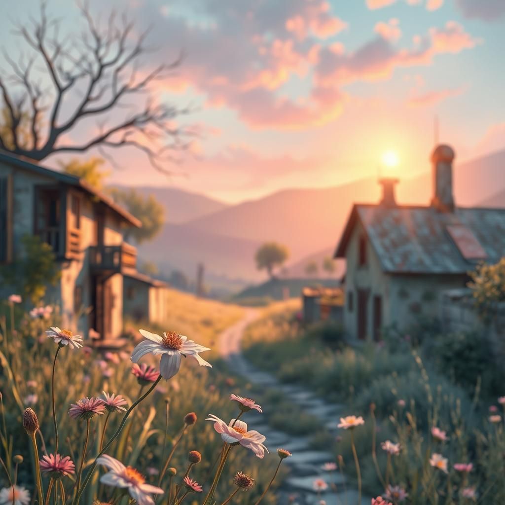 Abandoned Village in Pastel Light, Illustrative Style