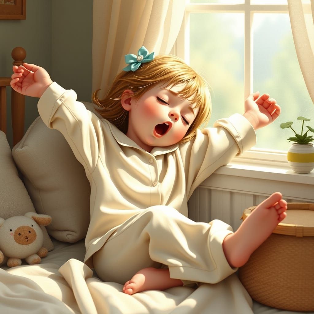Sleepy Girl Stretches in Morning Light, Vintage Style