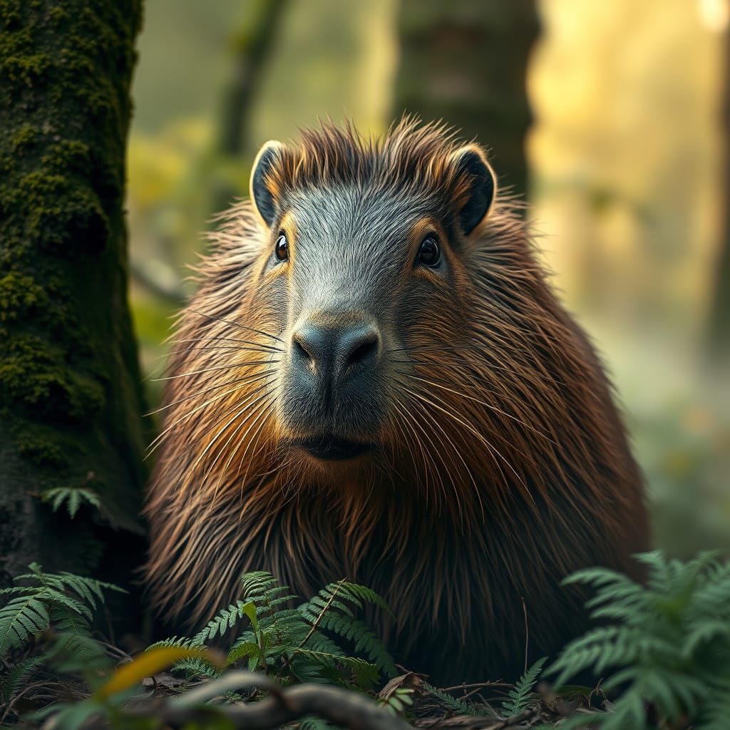Majestic Capybara in Golden Forest Light