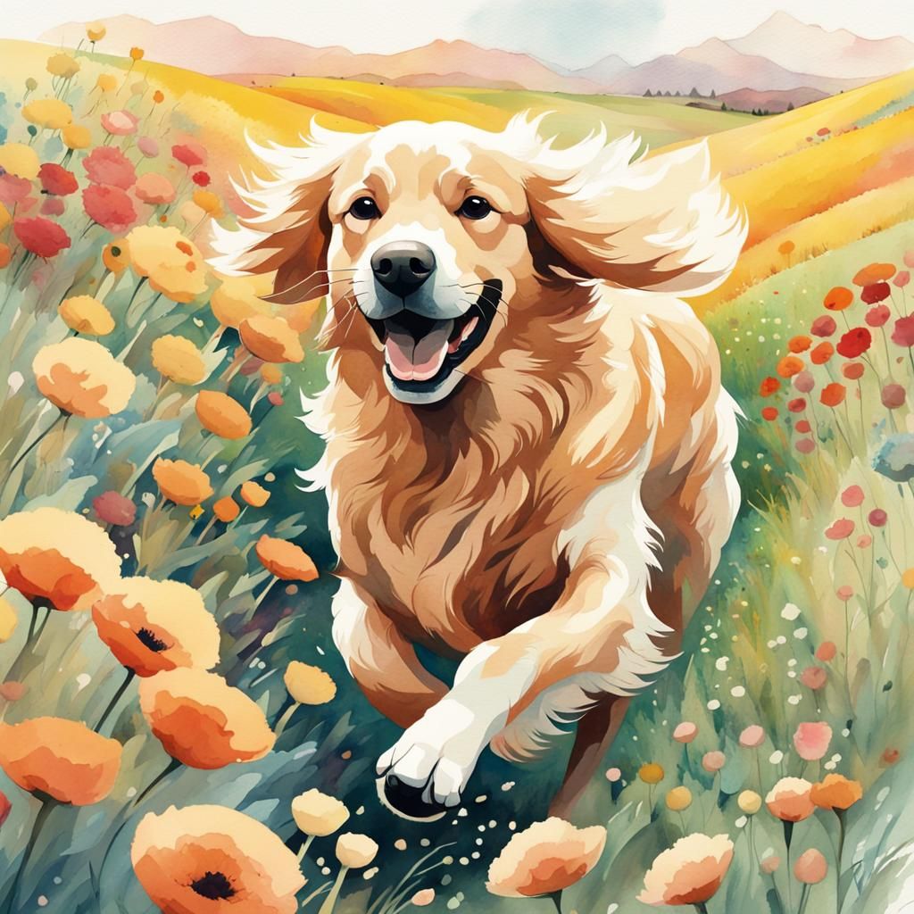Golden Retriever Runs Through Flower Field Watercolor