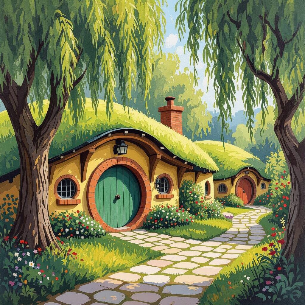 Hobbit Houses under Weeping Willows: Impressionist Gouache P...