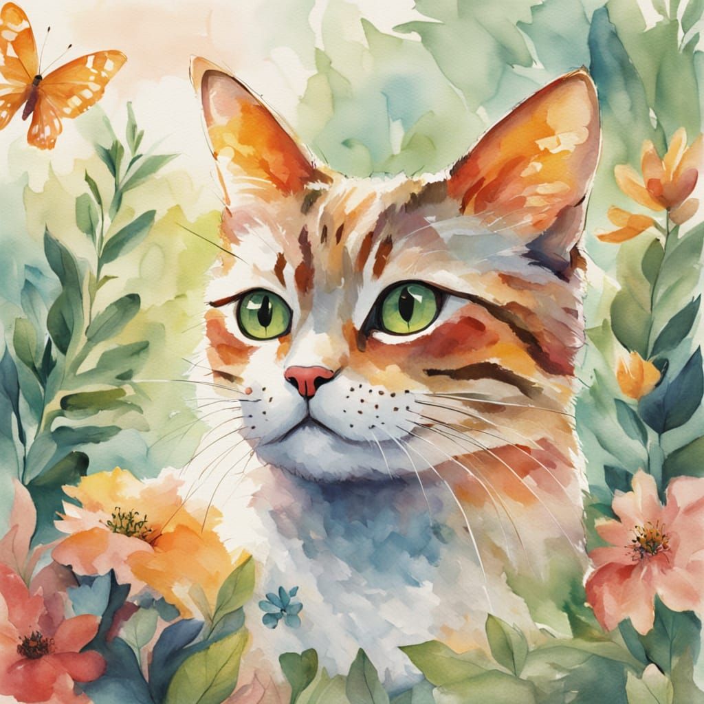 Whimsical Garden Scene with Butterfly and Cat