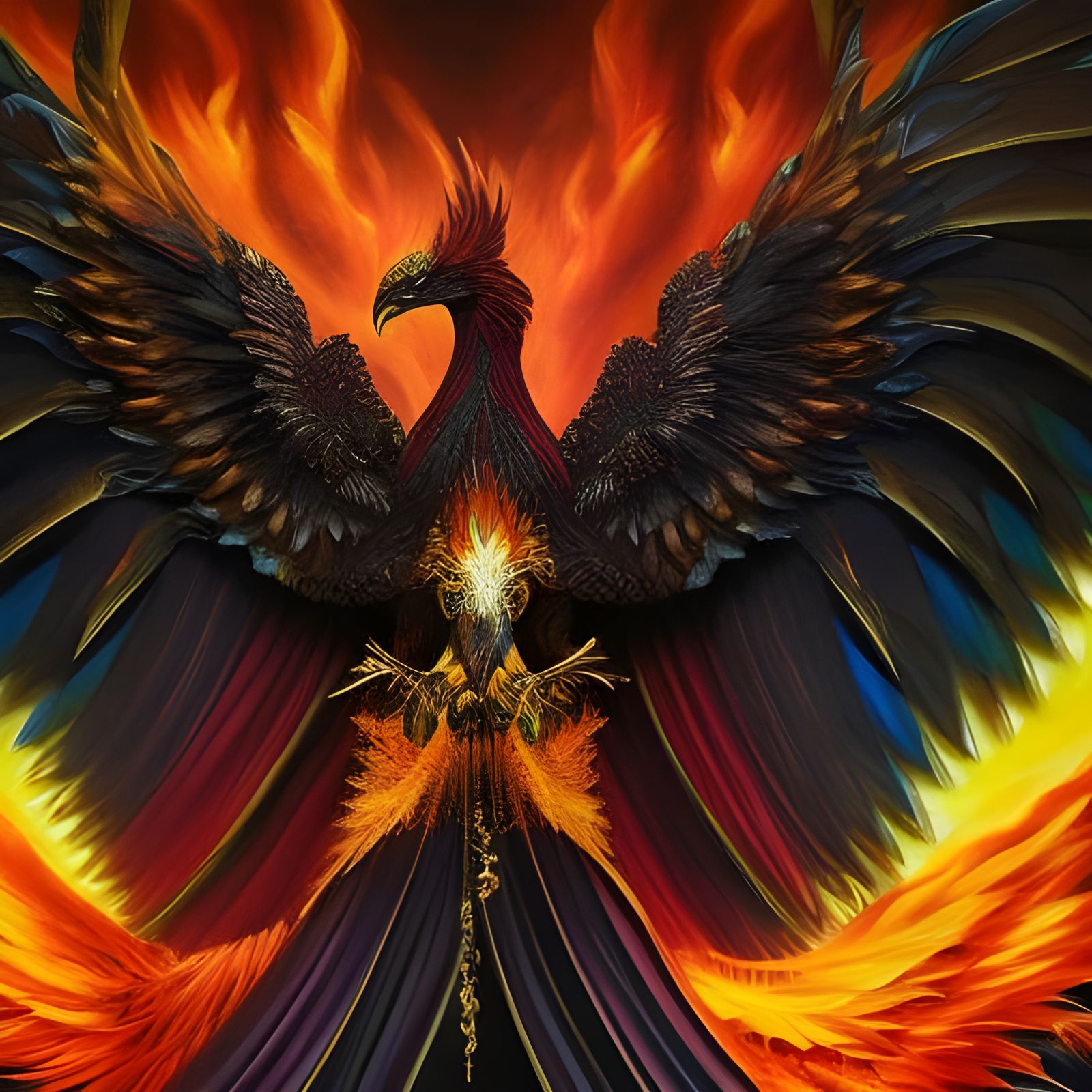 Mythological Phoenix Rising from Ashes as Impasto Painting