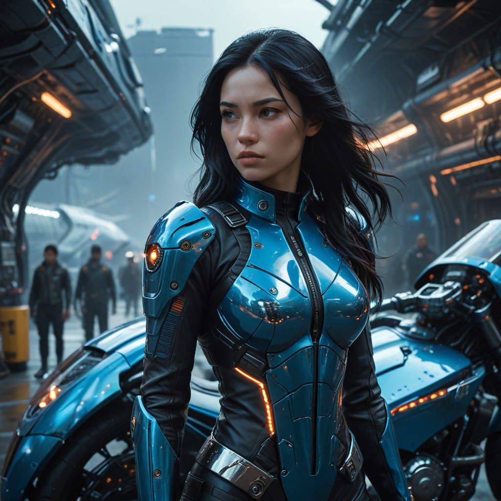 Amazonian Women Ride Futuristic Motorcycles in Space Port Sc...