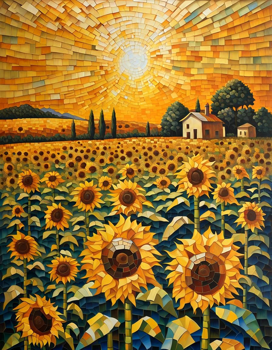 Surreal Mosaic Oil Painting of Tuscany Sunflower Field at Su...