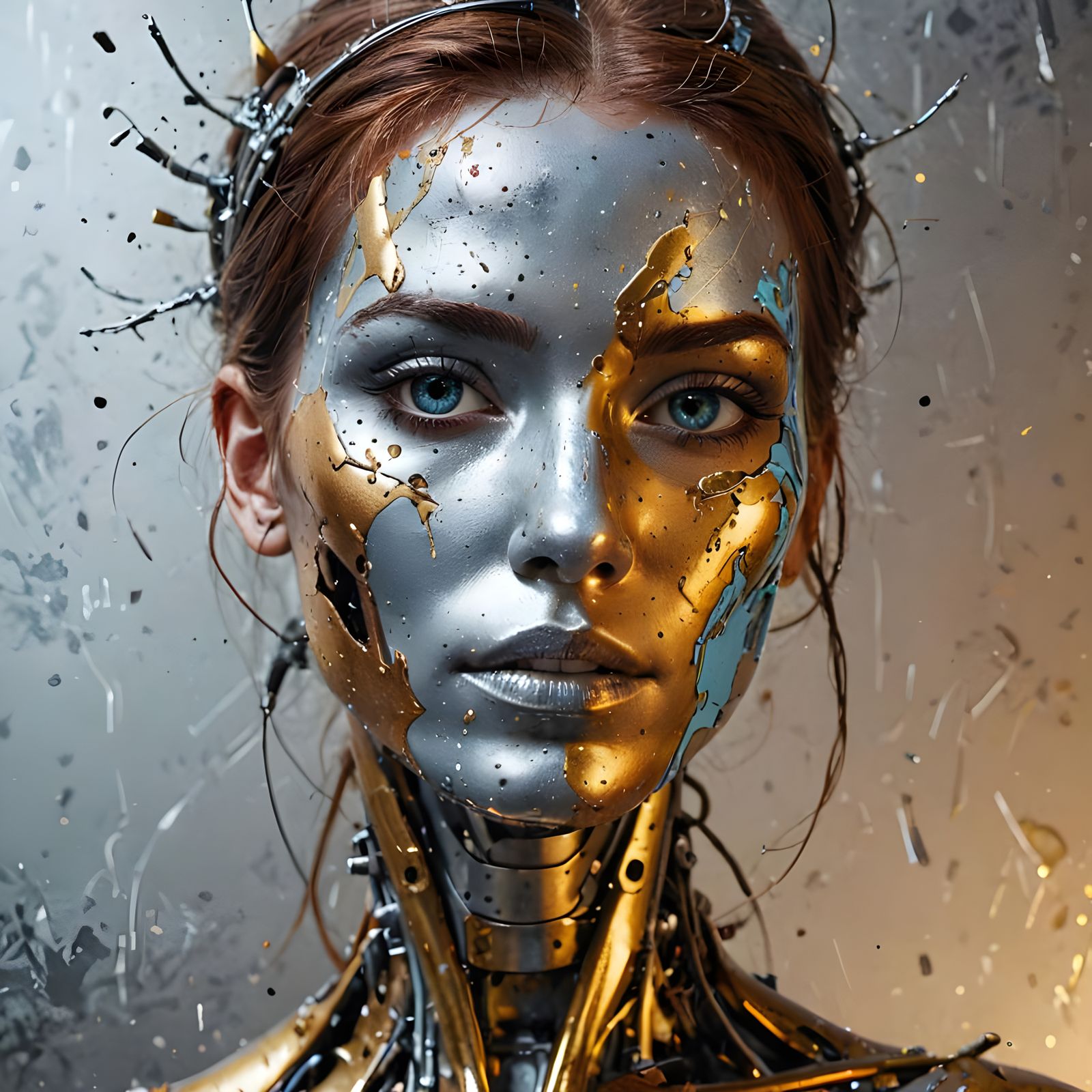 Beautiful Cyborg Woman in Ink Splatter Art