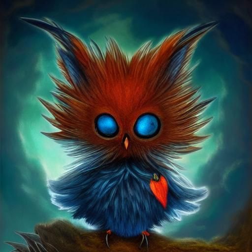 Gothic-Punk Baby Bird in Whimsical Fairytale Scene