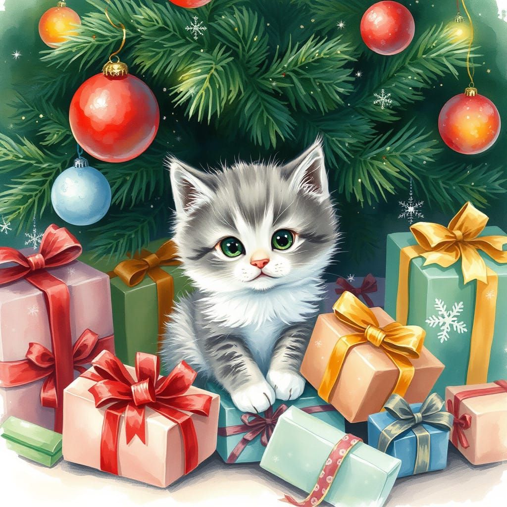 Whimsical Kitten Surrounded by Christmas Joy