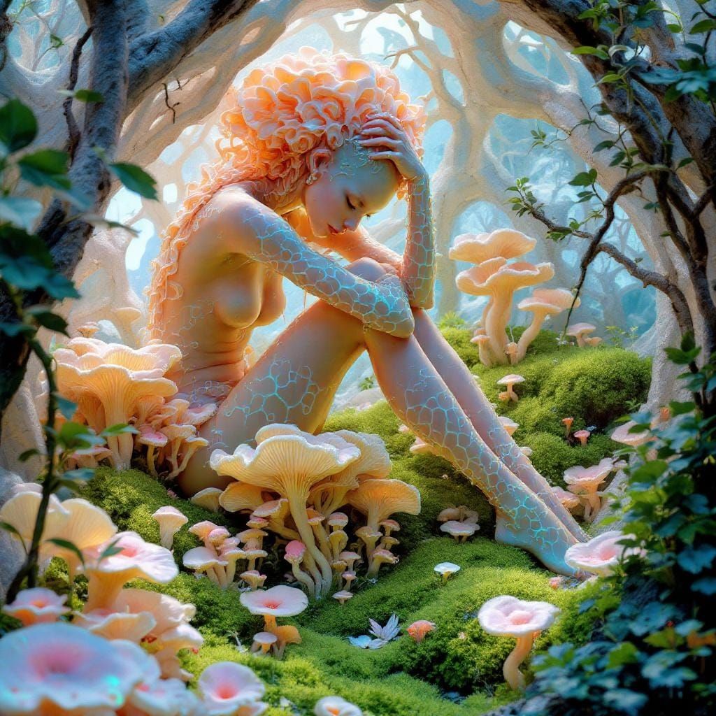 Fungal Woman in Grotto: Ethereal, Painterly Art