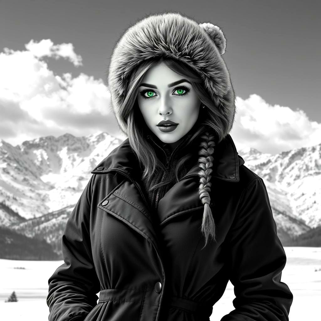 Woman in Parka with Emerald Eyes
