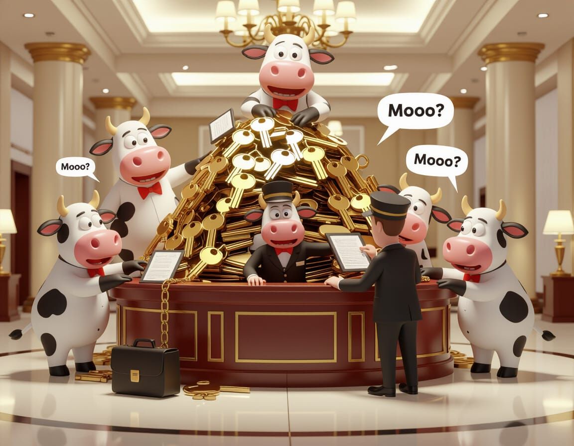 Funny Cartoon Cows Demand Keys at Hotel