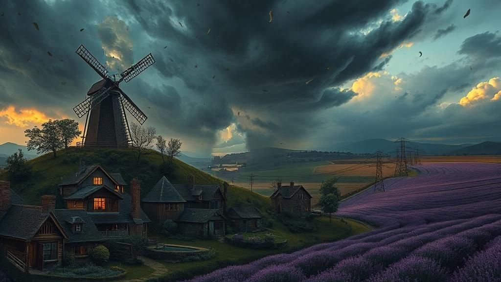 Stormy Rural Landscape with Cottages, Romanticism Style
